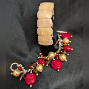 #67. Vintage Moonstone Stretch &  Elegant Red Stones and Gold Bracelet Set